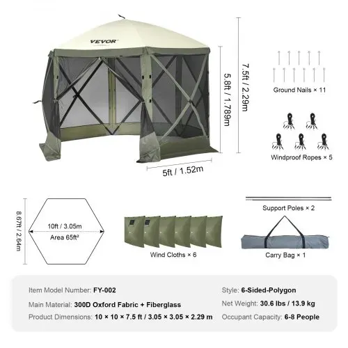 VEVOR Pop-Up-Pavillonzelt, Pop-Up-Zelt mit 6-seitigem Baldachin, Sonnenschutz mit 6 abnehmbaren Sichtschutz-Windtüchern und Netzfenstern, 10 x 10 Fuß, Schnellaufbau-Zelt mit Moskitonetz, Armeegrün – Bild 6