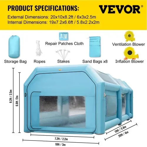 VEVOR Aufblasbare Sprühkabine Zelt 6x3x2,5m Aufblasbare Lackierkabine Zelt 210D Oxford-Gewebe PVC Autozelt mit 2 abnehmbaren Türen Gebläse inkl. Ideal für Autolackierung und Reparatur von Motorrädern – Bild 6