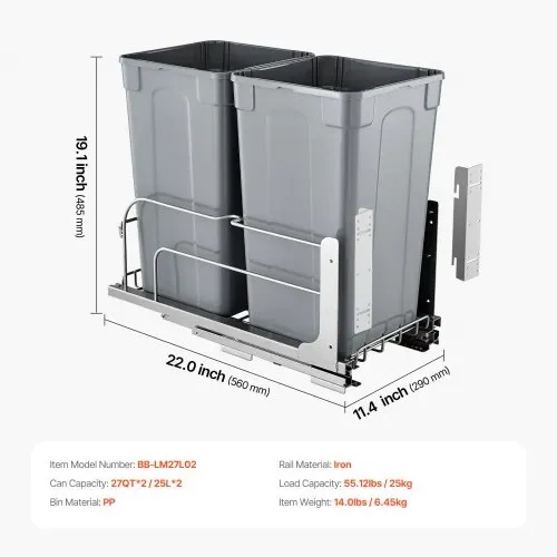 VEVOR ausziehbarer Mülleimer (27 Qt x 2), doppelter Unterbau-Küchenabfallbehälter, Mülleimer mit Türsatz & Soft-Close-Schieberegler, für Küchenschrank Spüle unter der Theke (grau) – Bild 6