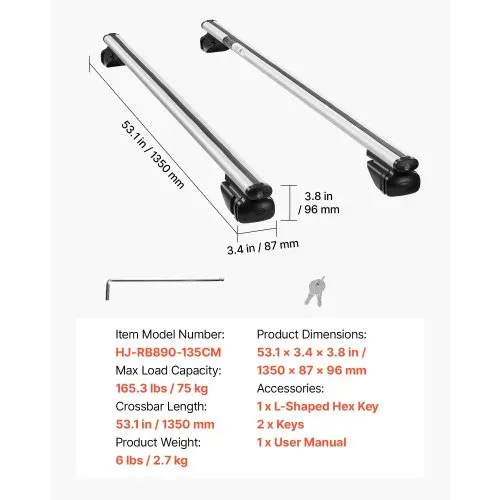 VEVOR Dachquerträger für PKW und SUV, max. Traglast 75 kg, Länge 1350 mm, 2 Stück universelle Gepäckträger aus Aluminium für Fahrrad, Reisen, Camping und Angeln – Bild 6