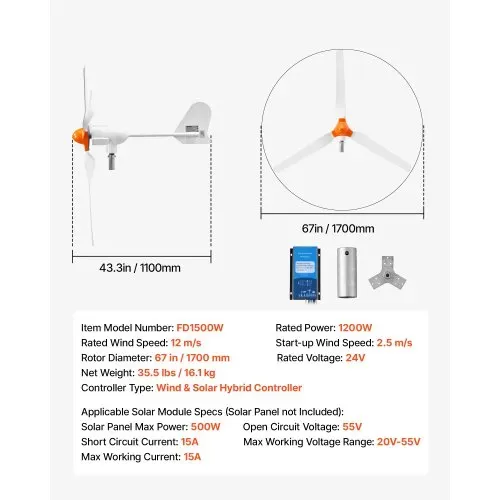 VEVOR 1200W 24V Horizontale Windkraftanlage mit Wind- & Solar-Hybridregler, 3 Rotorblätter, 3-Phasen-Wechselstrom, IP67 & Überladeschutz, MPPT- & PWM-Hybridregler, Windturbine für Wohnhaus RV & Marine – Bild 6
