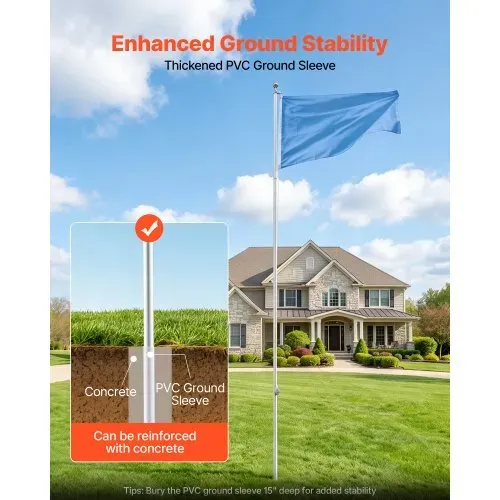 VEVOR Fahnenmast 6 m, Mehrteiliges Flaggenmast-Set für den Außenbereich, Extra Dicke Aluminium-Fahnenstange mit PVC-Bodenhülse, Ideal für Garten, Private & Gewerbliche Nutzung, Silber – Bild 5
