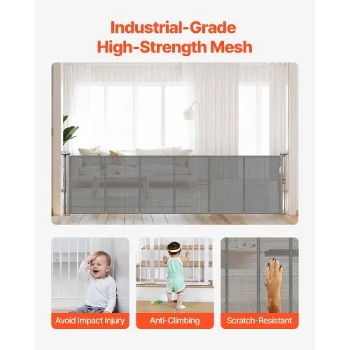 VEVOR einziehbares Babygitter Hundegitter ausziehbar auf 280 cm Breite / 87 cm Höhe, Haustiergitter Schutzgitter aus Netzmaterial für Innentreppen Türen Flure Spielzimmer, Treppenschutzgitter Grau – Bild 4