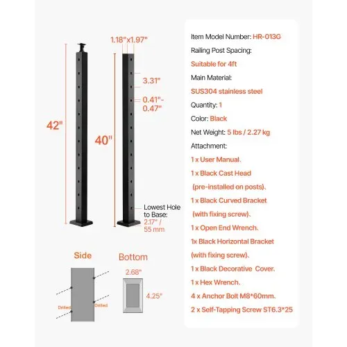 VEVOR Kabelgeländerpfosten, 106,7x3x5cm Treppengeländerpfosten mit vorgebohrten 30°-Winkellöchern, Geländerpfosten aus Edelstahl SUS304, 1er-Set, Schwarz, 1JZLGZXHS106VRA3X001V0 – Bild 6