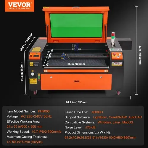 VEVOR 100W CO2-Lasergravierer, 600x900mm, 500mm/s Laserschneidmaschine mit 2-Wege-Pass-Air-Assist, kompatibel mit LightBurn, CorelDRAW, AutoCAD, Windows, Mac OS, Linux, für Holz, Acryl, Stoff – Bild 6