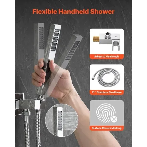 VEVOR Duscharmatur Regenduschsystem fürs Badezimmer Duschsystem mit 305 mm quadratischen Regenduschkopf & Handbrause, wandmontierte Badezimmerarmaturen mit Messingventil & Zierset, Silberchrom – Bild 2