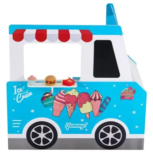 VEVOR Eiswagen für Kinder, über 20 Zubehörteile, Eisdiele aus Holz mit Lenkrad und Tafel, Zahlungsscanner und Gefrierschrank, Wasserhahn und Spüle, geeignet für Kinder von 3–7 Jahren, blau – Bild 10