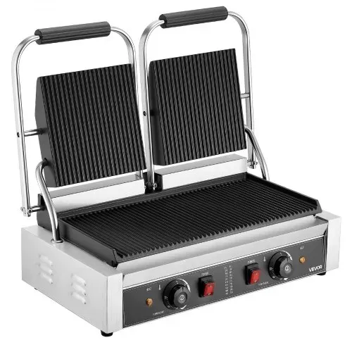 VEVOR kommerzieller Kontaktgrill 3600 W Elektrogrill Sandwichmaker (Doppelbackplatten) Panini Presse aus Edelstahl mit Temperaturregelung, 48 x 23 cm gerillte Emailleplatte für Hamburger Steak Speck – Bild 8