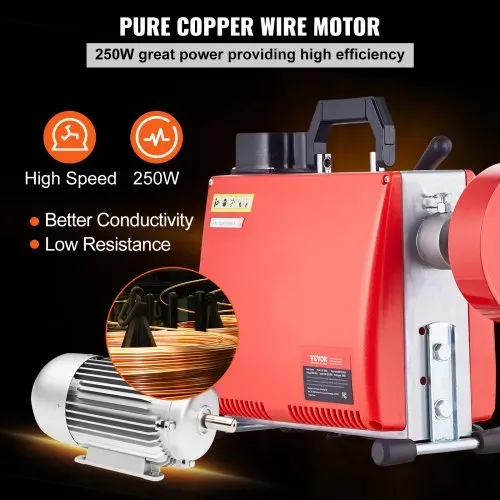 VEVOR Rohrreinigungsmaschine, 66 Fuß x 5/8 Zoll, 250 W elektrische Rohrreinigungsmaschine mit manueller Zuführung – mit 7 Schneidern, 2 Stahlkabeln (66' x 5/8" und 15' x 3/8") und CW/CCW-Steuerung für 1,6" bis 4" Rohre – Bild 4