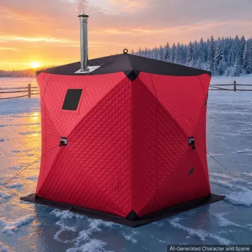 VEVOR Eisangelzelt Eisfischerzelt für 3-4 Personen 1,8x1,8x2m Zelt Isoliert, für Winterfischen, 3,13 m² Fläche, 600D 4-Lagiges Gewebe, Tragbares, Hub-Style-Angelzelt mit Ankern, Seilen, Tragetasche, Rot – Bild 7