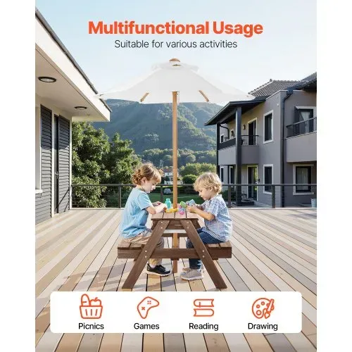 VEVOR Picknicktisch mit abnehmbarem Sonnenschirm & 2 Bänken, Sitzgruppe Strandtisch Outdoor Gartenmöbel aus Holz Terrassen-Essmöbel für 4 Personen für Garten, Hinterhof und Veranda (Walnuss) – Bild 5