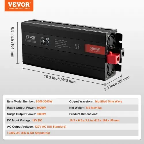 VEVOR Sinus-Wechselrichter 3000 W DC 12 V AC 230 V LCD-Display Wechselrichter mit 3 AC-Steckdosen 2 USB-Anschlüssen 1 Typ-C-Anschluss 10 Ersatzsicherungen für große Haushaltsgeräte – Bild 6