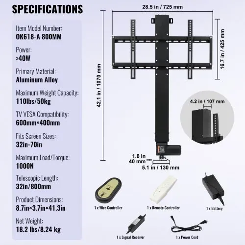VEVOR TV-Ständer für LCD-LED-Plasmafernseher, Automatischer TV-Ständer, Aufzug für Fernseher, TV Lift Halterung Höhe von 107,4 bis 187,2 cm, Höhenverstellbar & Stabil Max. 60 kg – Bild 6