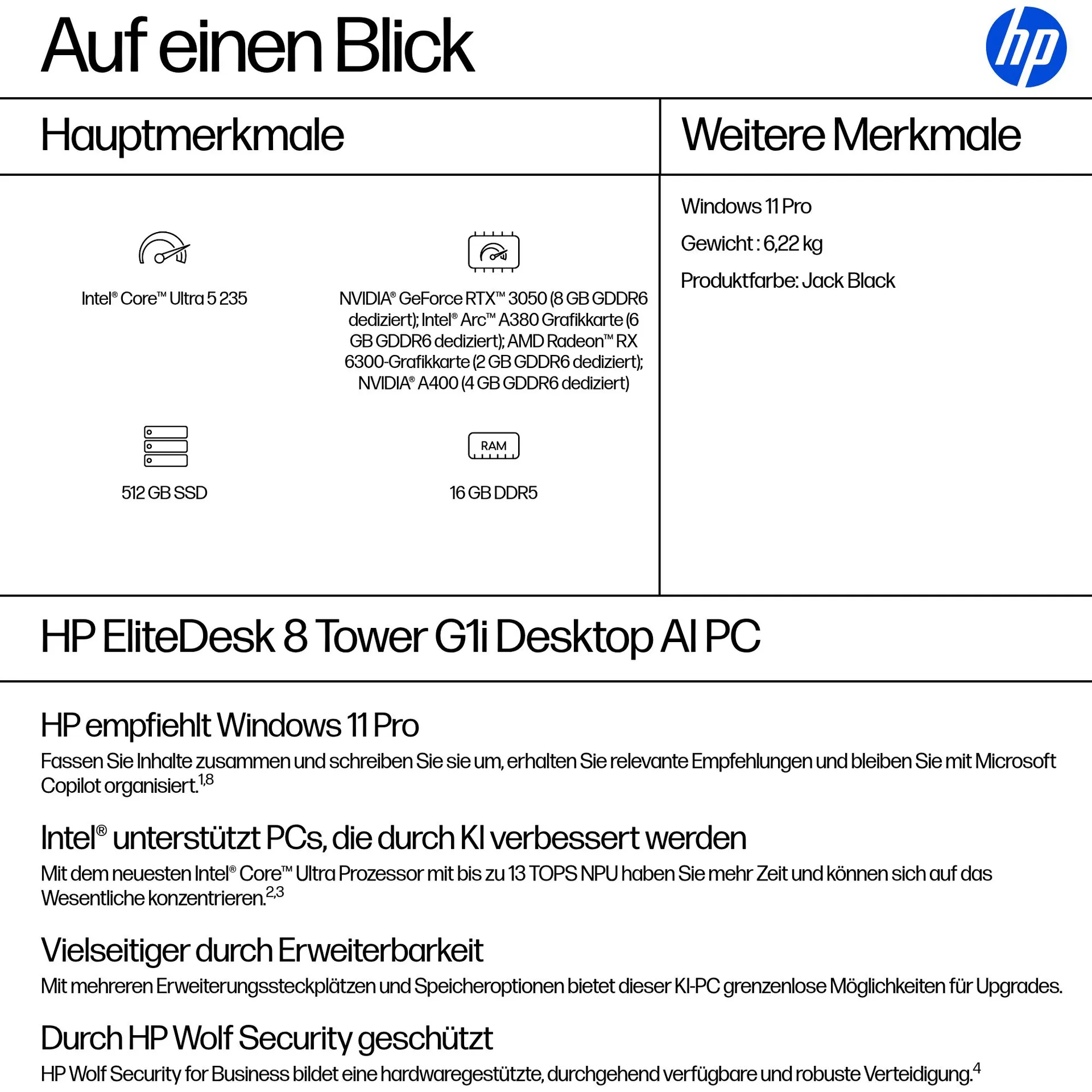 HP EliteDesk 8 Tower G1i AI Intel Core Ultra 5 235 16 GB DDR5-SDRAM 512 GB SSD Windows 11 Pro PC AI PC Schwarz – Bild 3