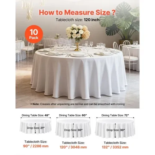 VEVOR 10 Stk. runde Tischdecken Tischwäsche 3048 mm, knitterfreier Tischdeckenschutz, maschinenwaschbares Tischtuch aus Polyestergewebe für Partys Hochzeiten Bankette formelle Veranstaltungen, Weiß – Bild 4