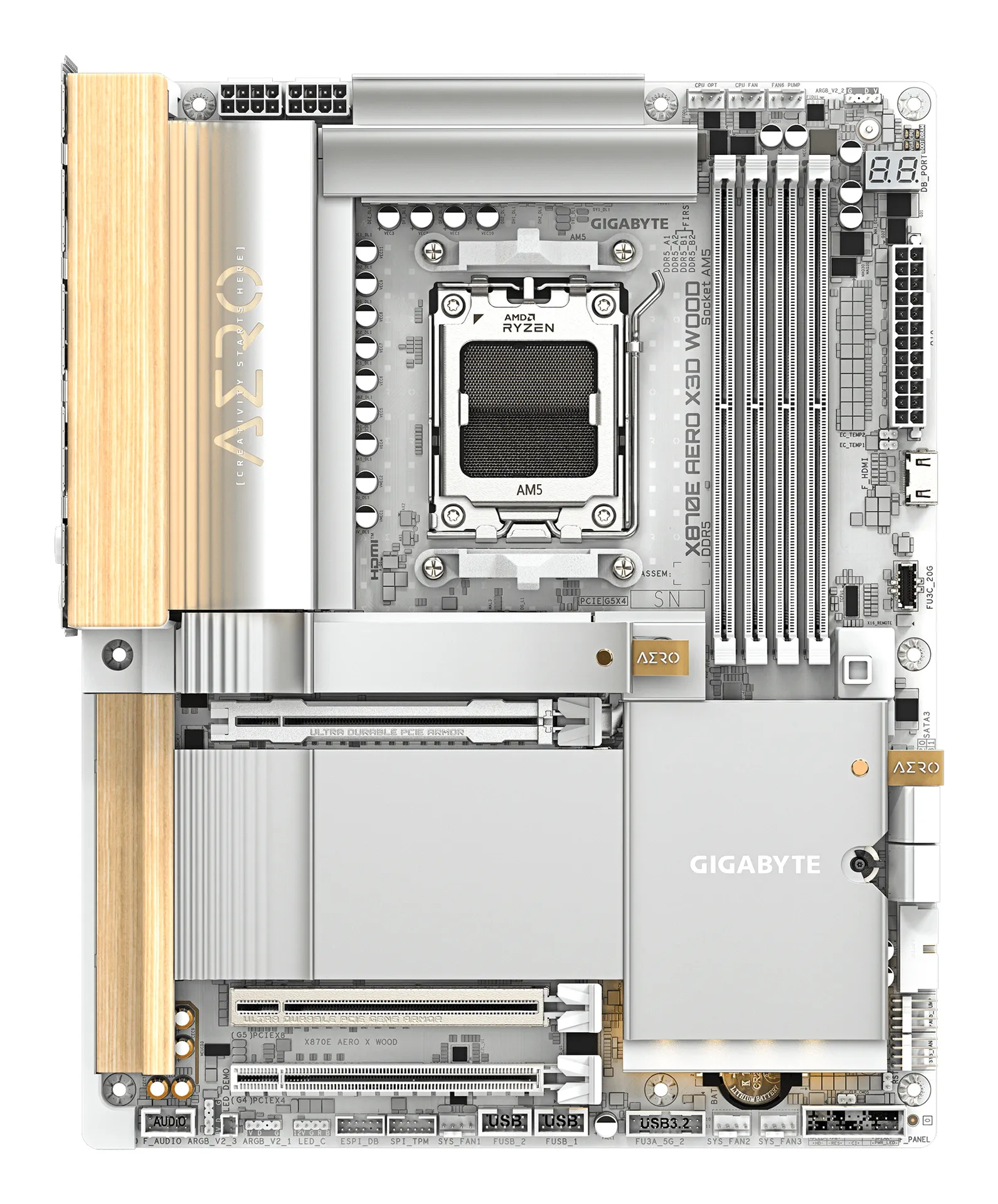 GIGABYTE X870E AERO X3D WOOD Mainboard - Unterstützt AMD Ryzen 9000 CPUs, digitales 16+2+2-Phasen-VRM, bis zu 9000Hz DDR5 (O.C.), 2xPCIe 5.0 + 2xPCIe 4.0, Wi-Fi 7, 5GbE LAN, USB 4 – Bild 2