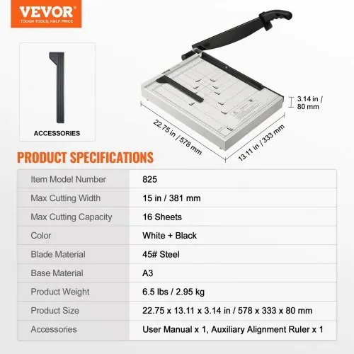 VEVOR Papierschneider Hebelschneider, 381 mm Max. Schnittbreite Manuelle Papierschneidemaschine, 16 Blätter Kapazität, mit Schutzschiene / Klingenarretierung, ideal für Zuhause, Büro, Schule – Bild 6