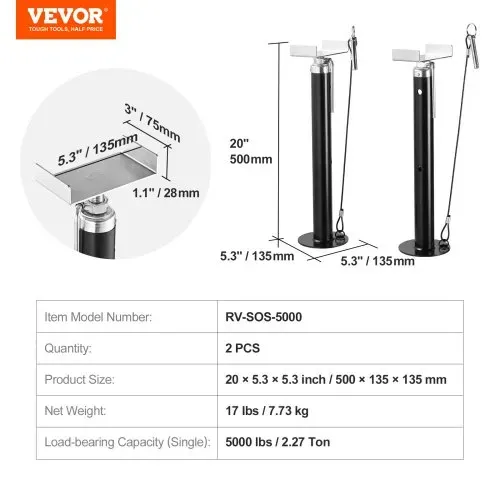 VEVOR 2 Stk.Ausziehbares Stützenset Wohnmobile 2,27 t Jeder, Höhenverstellbar 500–1230 mm Stützung, 2 mm Dicke Stahlrohre für Anhänger, Wohnmobile usw. Silber Wohnwagen-Zubehör Wahrung der Stabilität – Bild 6