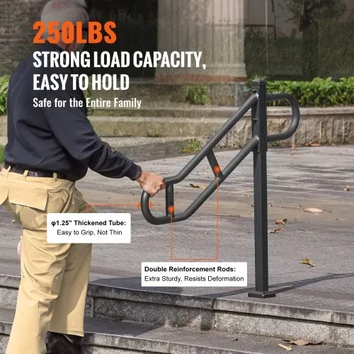 VEVOR Handlauf mit einem Pfosten für 1–3 Stufen im Außenbereich, 40,5" L x 35,4" H gebogener Treppenhandlauf aus Metall, bodenmontiertes Treppengeländer aus Karbonstahl, U-förmiger Haltegriff mit 2 rutschfesten Querstangen für die Garage – Bild 2