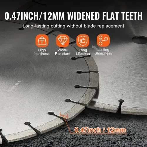 VEVOR Diamantsägeblatt Betonsägeblatt 45 cm für Nass- oder Trockenarbeiten, 12 mm Diamantsegmentsägeblatt mit flachen Zähnen, Mittellochdurchmesser 25,4 mm, für Beton, Zementplatten, Fliesen, Ziegel – Bild 2