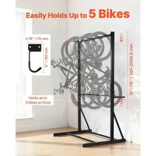 VEVOR Fahrradständer für 5 Fahrräder, Fahrradhalter mit 5 Hochleistungshaken, aus Karbonstahl, 136 kg Tragkraft, vertikaler Fahrradbodenständer für Garage, Wohnzimmer, Innenschuppen VEVOR Fahrradständer für 5 Fahrräder, Fahrradhalter mit 5 Hochleistungshaken, aus Karbonstahl, 136 kg Tragkraft, vertikaler Fahrradbodenständer für Garage, Wohnzimmer, Innenschuppen