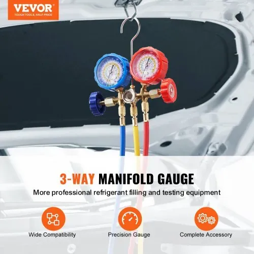 VEVOR Kältemittel Manometer 3-Wege Auto Kältemittel Verteiler Messgeräteset R134A-R22-R12-R502 Ac 4 Stk。 1,52 m Ladeschläuche Kältemittel Manometer VEVOR Kältemittel Manometer 3-Wege Auto Kältemittel Verteiler Messgeräteset R134A-R22-R12-R502 Ac 4 Stk。 1,52 m Ladeschläuche Kältemittel Manometer