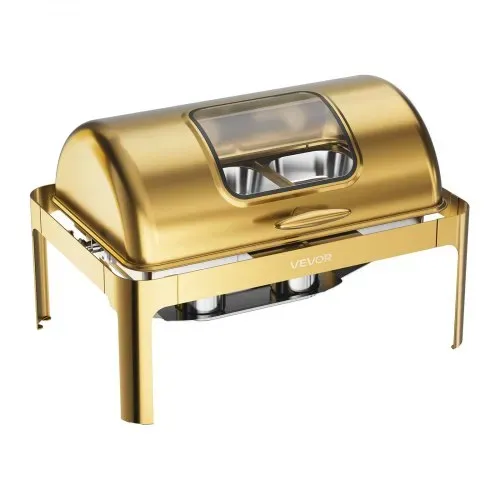 VEVOR Chafing Dish Set 12,3 L Edelstahl Warmhaltebehälter Buffets 1 Stück für Hochzeiten & Partys, Transparenter Rolldeckel mit 90°/180° Öffnung, 1 Große und 3 Kleinere Behälter, Zange, Glasschale – Bild 8