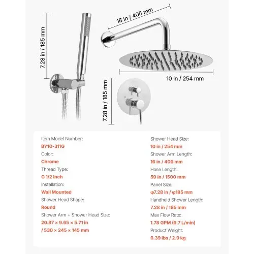 VEVOR Duscharmatur Regenduschsystem fürs Badezimmer Duschsystem mit 254 mm runden Regenduschkopf & Handbrause, wandmontierte Badezimmerarmaturen mit Messingventil & Zierset, Silberchrom – Bild 6
