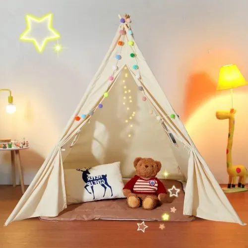 VEVOR Spielzelt Kinder, Tipi-Zelt für Kinder 1–5 Jahre, Kleinkinderzelt mit Matte und dekorativen Plüschbällen, Zelt für Kinder mit Fenstern für drinnen & draußen Beige – Bild 7