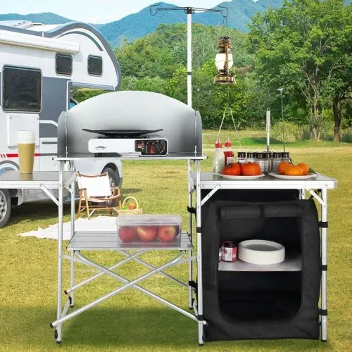 VEVOR Campingküche Outdoor Faltbar 78 x 49 x 13 cm, Alu Campingschrank, Camping Küche mit Windschutz, Campingmöbel Reiseküche inkl. Haken & Lampenmast 66-121 cm, Küchenschrank Campingtisch Reisen – Bild 7