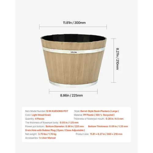 VEVOR Blumentöpfe 300 x 210 mm, 4er-Pack Whiskyfass-Pflanzgefäße mit Drainagelöchern, Kunststoff-Pflanztopf im Weinfass-Design für Pflanzen im Innen- & Außenbereich, Garten, Zuhause, Braun – Bild 6
