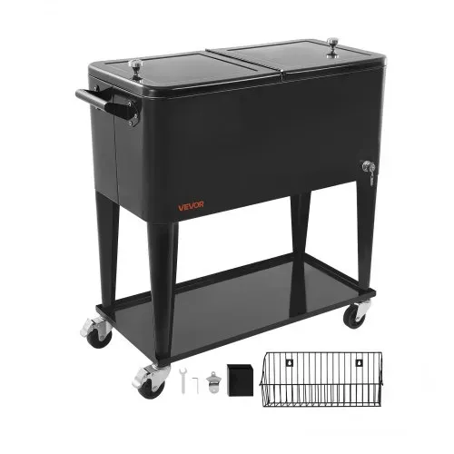 VEVOR Kühlwagen Getränkewagen 75,71 L bis zu 50 Flaschen / 110 Dosen, Beistellwagen für Terrassenpartys und Bars mit unterem Regal & Seitenkorb & Flaschenöffner & Deckel, Getränkekühler Schwarz – Bild 8