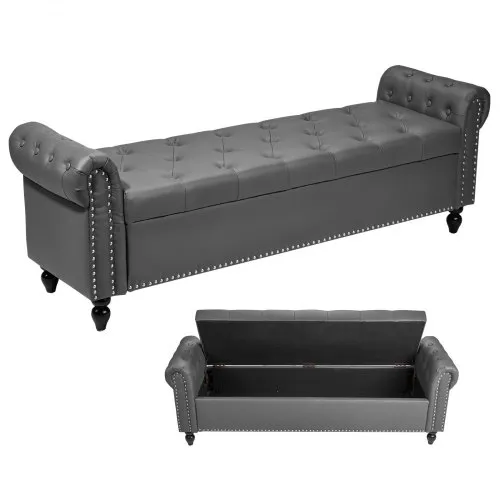 VEVOR Sitzbank Ottomane (460 x 1660 x 560 mm) aus PU-Leder mit Holzbeinen & Stauraum & Knopfheftung & gerollten Armlehnen, Schuhbank mit 300 kg Tragkraft, Bettbank Schlafzimmerbank Grau VEVOR Sitzbank Ottomane (460 x 1660 x 560 mm) aus PU-Leder mit Holzbeinen & Stauraum & Knopfheftung & gerollten Armlehnen, Schuhbank mit 300 kg Tragkraft, Bettbank Schlafzimmerbank Grau