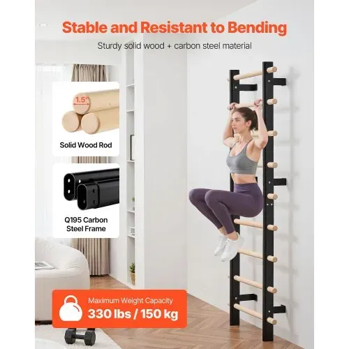 VEVOR schwedische Leiterwand 9-stufiges Kletterspielzeug Wandturnhalle aus Massivholz + Karbonstahl 150 kg belastbares Indoor-Klettergerüst mit 8 x 8 cm Power Rack-Zubehör Turnreck – Bild 3