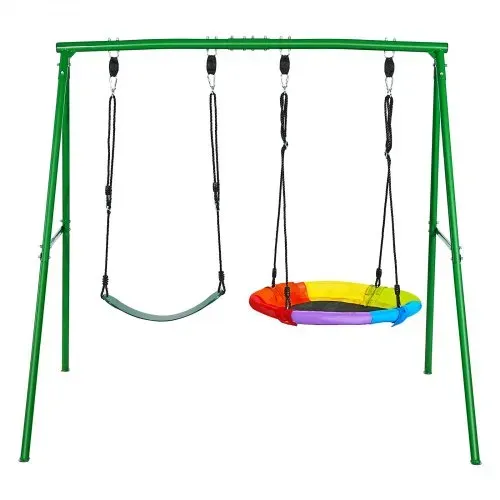 VEVOR Gartenschaukel mit A-förmigem Metallgestell, Doppelschaukel (1 Tellerschaukel & 1 Gurtschaukel), bis zu 199,6 kg Tragkraft, Schaukelset Outdoor, Verstärkt mit Spiralförmigen Bodenankern – Bild 8
