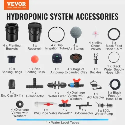 VEVOR RDWC Hydrokultur-Anbausystem, Hydrokultur-Anbauset mit Top Drip, Umwälz-Tiefwasserkultur, 4 Schnallen und 1 Reservoir, mit Luftpumpe und Wasserstandsanzeige für Blattgemüse – Bild 6