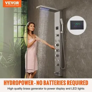 VEVOR Duschpaneelsystem, 6 Duschmodi, LED- und Bildschirm-Wasserkraft-Duschpaneelturm, Regenfall, Wasserfall, 8 Massagedüsen, Wannenauslauf, Handbrause, Wandduschset aus Edelstahl VEVOR Duschpaneelsystem, 6 Duschmodi, LED- und Bildschirm-Wasserkraft-Duschpaneelturm, Regenfall, Wasserfall, 8 Massagedüsen, Wannenauslauf, Handbrause, Wandduschset aus Edelstahl