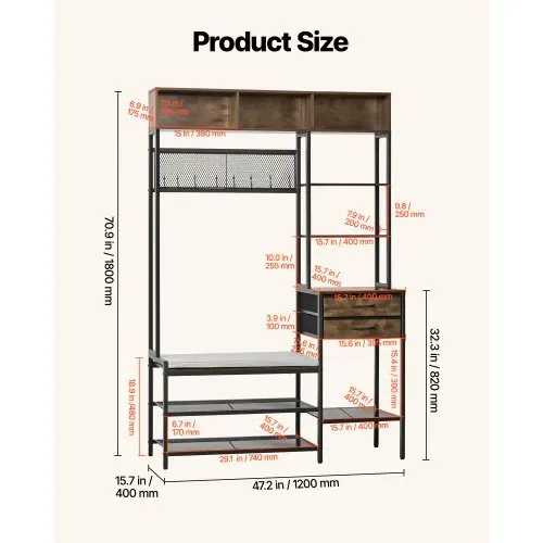 VEVOR Multifunktionale Flurgarderobe (120 x 40 x 180 cm) mit Schuhbank & 2 Schubladen, Garderobenständer mit Bücherablage & Metallgitter, Garderobe mit Stahlrahmen für Eingangsbereich Schlafzimmer – Bild 4