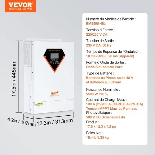 VEVOR 2 in 1 Hybrid-Solar-Wechselrichter 5500W Solar Inverter 11000VA Reiner Sinus MPPT LCD-Display 3 Lademodi (Solarladung, Netzladung, Hybridladung) & 4 Ausgangsmodi (UTL, SOL, SBU, SUB) – Bild 6