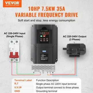 VEVOR Frequenzumrichter VFD 10 PS, 7,5 kW, 35 A, 1- oder 3-phasiger 220-V-Eingang auf 3-phasigen 220-V-Ausgang, 40-60-Hz-Eingang, 0-400-Hz-Ausgang, VFD für Spindelmotor-CNC-Drehzahlregelung VEVOR Frequenzumrichter VFD 10 PS, 7,5 kW, 35 A, 1- oder 3-phasiger 220-V-Eingang auf 3-phasigen 220-V-Ausgang, 40-60-Hz-Eingang, 0-400-Hz-Ausgang, VFD für Spindelmotor-CNC-Drehzahlregelung