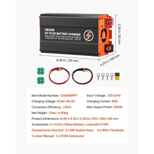 VEVOR DC-DC Batterieladegerät mit MPPT 520 W 40 A, Ladebooster Dual-Eingang für Solarpanel/Lichtmaschine, Laden für LiFePO4-Bleiakkus, 12 V/24 V-12 V/24 V, für Wohnmobil Notstromversorgung zu Hause – Bild 6