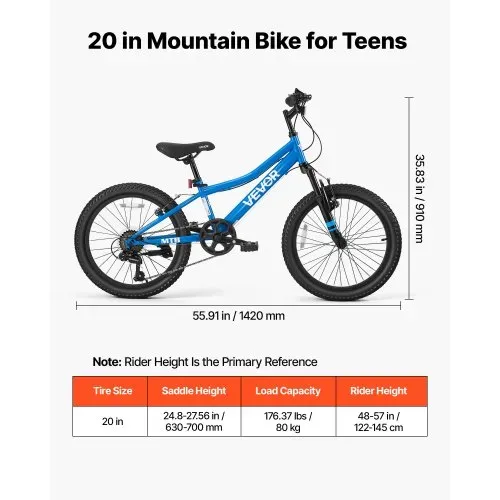 VEVOR Mountainbike 20 Zoll 6-Gang Fahrrad aus Kohlenstoffstahl Blau für Freizeitfahrten & Leichte Offroad-Touren, 80 kg Tragkraft, Klingel, Verstellbarem Sattel, Lichthalterung und Doppelbremse – Bild 6
