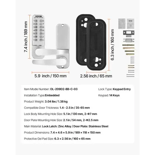 VEVOR mechanisches schlüsselloses Türschloss mit einseitiger Tastatur (14 Tasten), schlüsselloses Türschloss mit Griff, Codeschloss für Haus Büro Außenzaun Hof Silber (35-65 mm starke Tür) – Bild 6