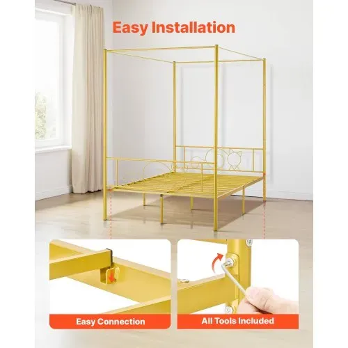 VEVOR Himmelbettrahmen (Full Size), Metallhimmelbett mit minimalistischem Kopfteil & Himmelbett-Design, robuste Stahllattenstütze (rund), Stauraum unter dem Bett, kein Boxspring erforderlich, Gold – Bild 4
