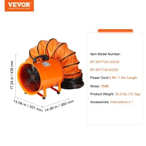 VEVOR Bauventilator 367-W-AC-Motor Baugebläse 2800 U/min Baulüfter Gebläse 2574 CFM (4373 m3/h) Axiallüfter mit 5 m Schlauch Axialgebläse 79 dB Geräuschpegel Industrielüfter – Bild 6