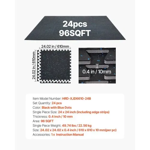 VEVOR 24 x Puzzlematte Bodenschutzmatte 610 x 610 x 10 mm, Hochdichte EVA-Schaumstoffmatte, Ineinandergreifende Fitnessmatte Gymnastikmatte Sportmatte, Trainingsmatte (Schwarz) mit Blauen Punkten – Bild 6