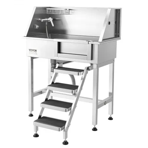 VEVOR Hundewaschstation aus Edelstahl, 870x488x1118mm Haustierpflegewanne bis 100kg mit Rechter Schiebetür & Treppe, Tierbadewanne inkl. Abfluss Duschkopf Seifenhalter für Mittlere & Kleine Haustiere – Bild 10