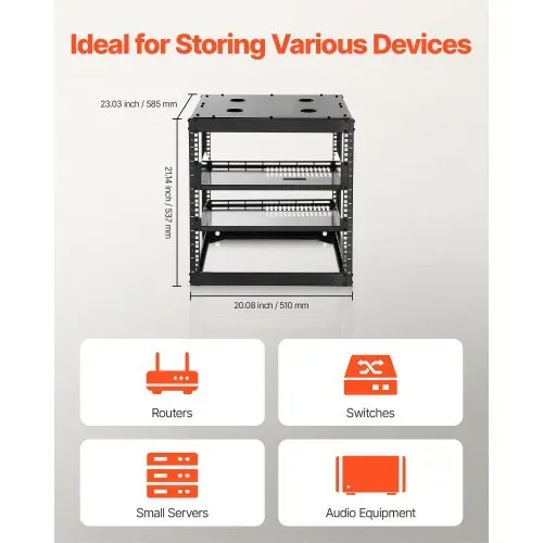 VEVOR 10U Open Frame Netzwerk-Rack, 585 mm Tiefe, Wandmontage oder als Stand-Server-Rack, 4-Pfosten-Konstruktion, mit belüfteten Regalen & Montagezubehör, für all Netzwerk-IT-Geräte &AV-Ausrüstung – Bild 3
