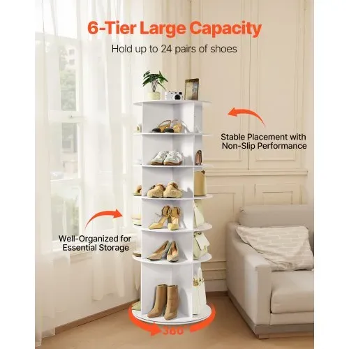 VEVOR Schuhregal Schuhschrank für 24 Paar Schuhe (6-stöckig) 360° drehbar, platzsparende Schuhaufbewahrung, Schuhablage für Schlafzimmer Wohnzimmer Eingangsbereich, Weiß 598 x 598 x 1570 mm – Bild 3