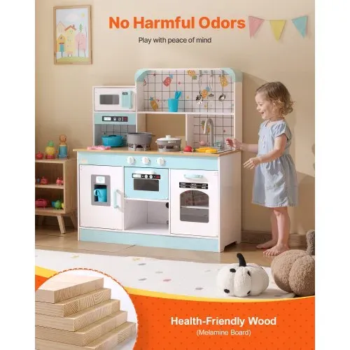 VEVOR Spielküche für Kinder, Holzspielzeug-Küchenset mit Lichtern und Geräuschen, Kleinkinderküche mit Eismaschine, Ofen, Spüle, Mikrowelle, Kühlschrank und Utensilien- und Obstzubehör für Kleinkinder im Alter von 3–8 Jahren, weiß – Bild 5
